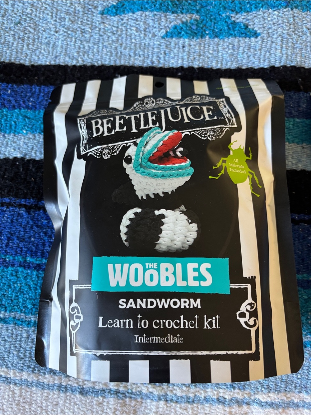 The Woobles Sandworm Crochet Kit - Black, White & Teal